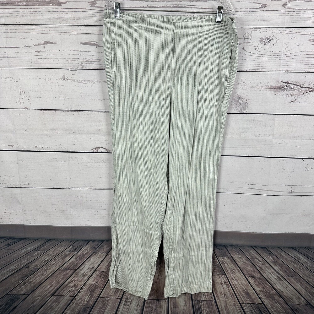 J Jill Pants Women 14 Gray Striped Linen Stretch Pull on Casual Beach Breathable